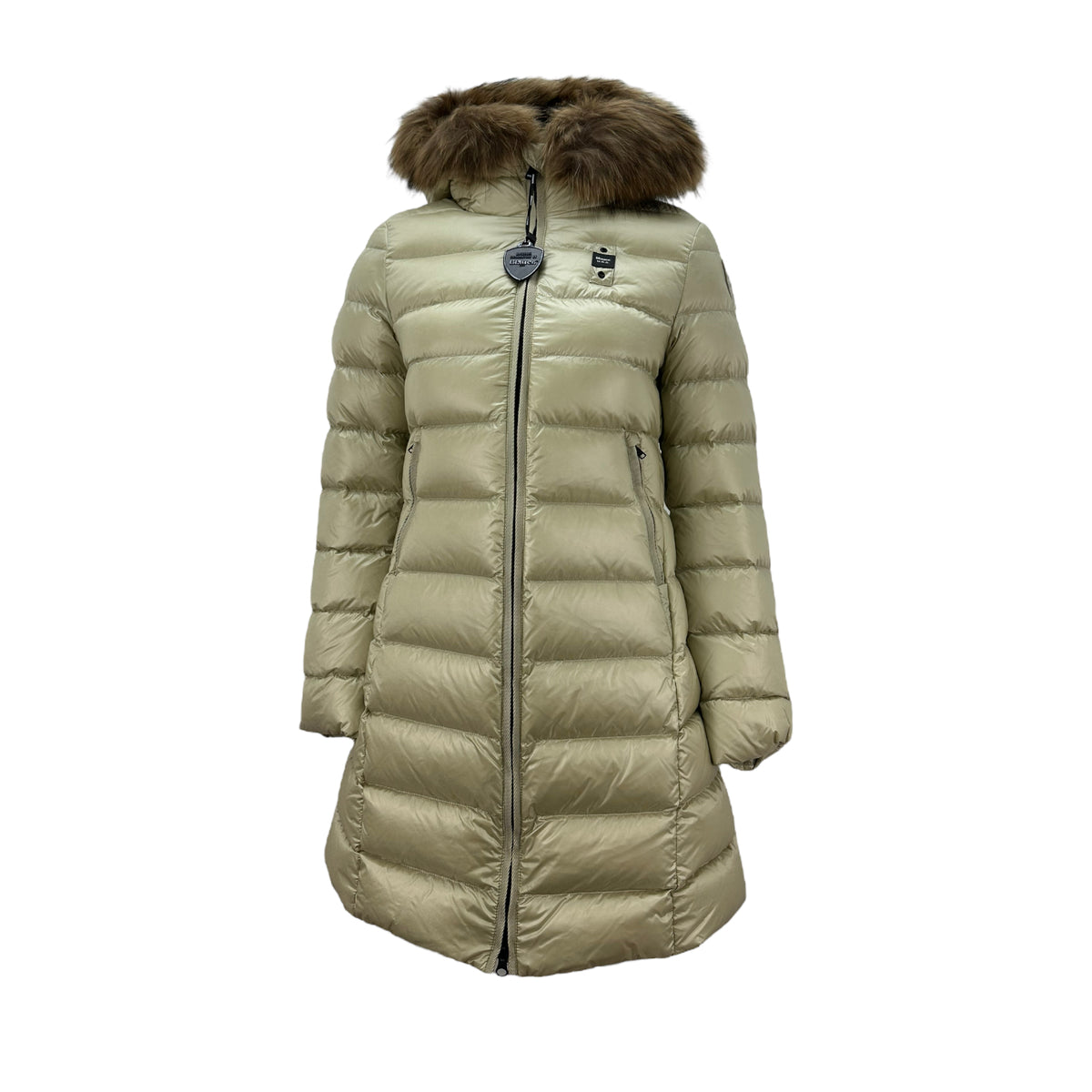 Blauer piumino/trench lungo apertura real fur on hood donna