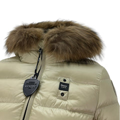 Blauer piumino/trench lungo apertura real fur on hood donna