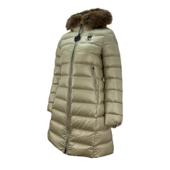 Blauer piumino/trench lungo apertura real fur on hood donna