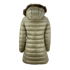 Blauer piumino/trench lungo apertura real fur on hood donna